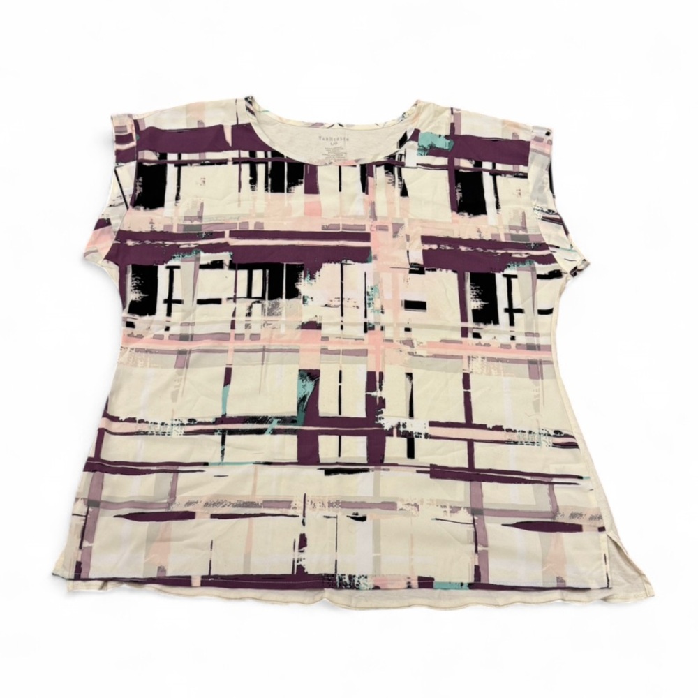Van Heusen Cream and Purple Abstract Short Sleeve Top